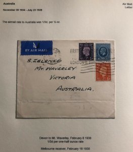 1938 Devon England Airmail Cover To Waverley Australia Sc #171 King George V