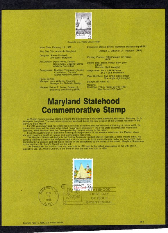 SP806 Maryland Statehood, Souvenir Page FDC (#2342)