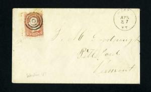 # 65 on cover from Weston, Vermont to Pittsford, Vermont dated 4-27-1860's