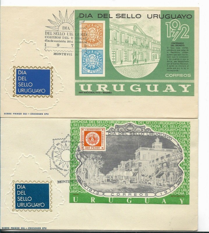 URUGUAY 1972 1973 4 SOUVENIR SHEET ON 4 FIRST DAY COVER POSTAGE STAMPS ANNIV.