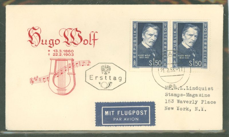 Austria 587 1953 Hugo Wolf (pair) on a cacheted-addressed FDC sent to the USA