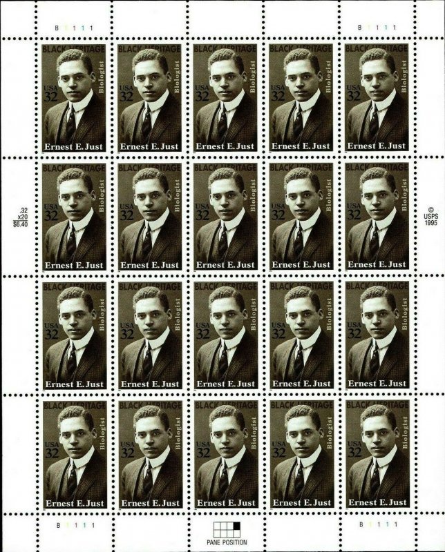 Ernest Everett Just Black Heritage Sheet of Twenty 32 Cent Stamps Scott 3058