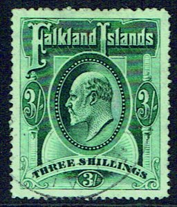 FALKLAND ISLANDS 1907 3s deep green fine used part - 41978