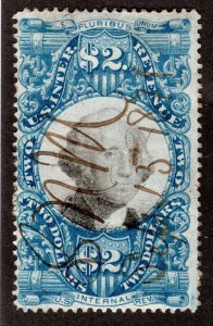 R123 - $2 - Blue and Black - US Second Issue Revenue Stamp, Beautiful MS Cancel
