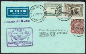 AUSTRALIA NEW ZEALAND 1934 KGV FIRST OFFICIAL AIRMAIL COVER TO SWITZERLAND