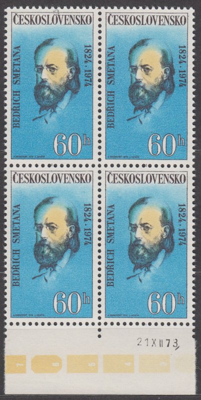 Czechoslovakia 1974 Scott 1916 MNH Block of 4 with date in blank sheet edge
