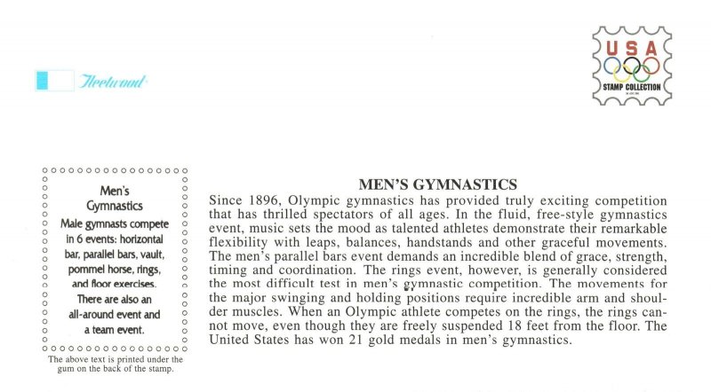 US FLEETWOOD FIRST DAY COVER 1996 CENTENNIAL OLYMPIC GAMES MEN'S GYMNASTICS