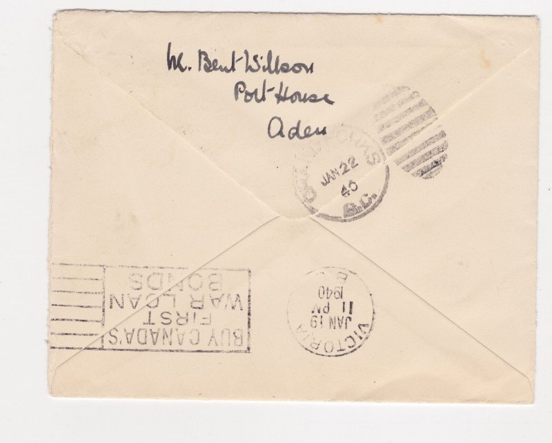 ADEN cover to British Columbia 1940 REDIRECTED