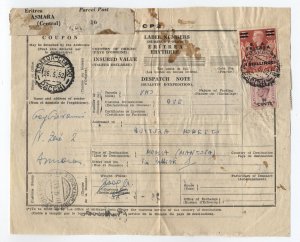 1952 B.A. Eritrea #25 5 shiling overprint on parcel form Scott $2250 [6521.44]