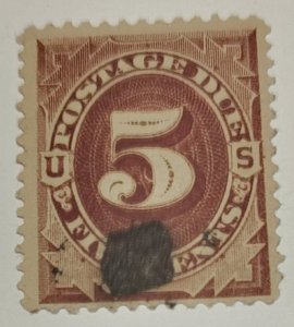 Scott Stamp# J18- 1884 5¢ Red Brown.  Free shipping. Used. SCV $50.00