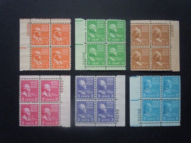 #803, 804, 805, 806, 807, 810 Prexie Plate Blocks MNH OG F/VF