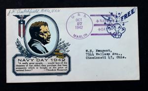 US WWII Naval Cover USS Marlin Navy Day 10-27-1942*  Hirohito with Bomb on Head