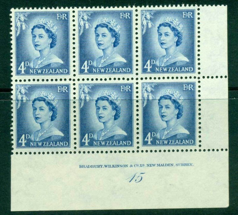 New Zealand 1958 QEII Redrawn 4d Ultramarine Plate 15 Block 6 MH/MUH Lot25572