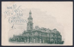 NEW SOUTH WALES Postcard 1898 ½d, 'Town Hall', 'New Year Greetings'. to Germany.