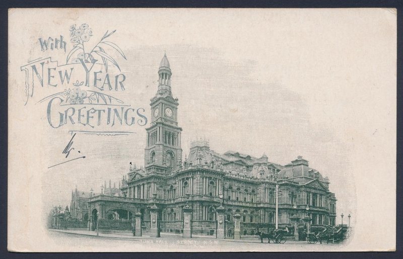 NEW SOUTH WALES Postcard 1898 ½d, 'Town Hall', 'New Year Greetings'. to Germany.