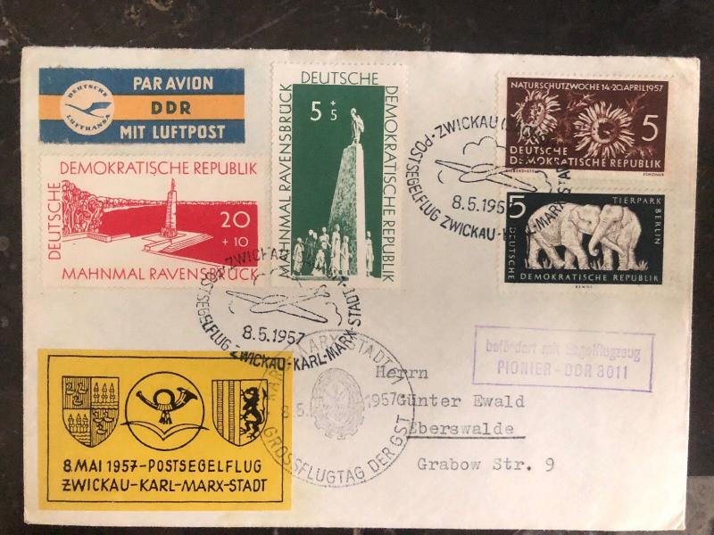 1957 Zwickau DDR East Germany Glider Flight Cover FDC To Eberswalde