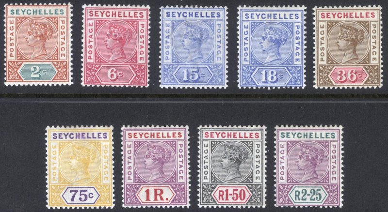 Seychelles 1897 2c-2r25 KeyPlate Die II Sc2/21, SG 28-36 LMM/MLH Cat $375