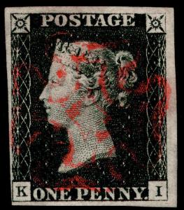 Sg2, 1d black PLATE 1b, FINE used. Cat £400. RED MX. 4 MARGINS. KI