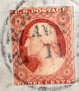 US 1855 THREE CENT WASHINGTON IMPERF TYPE I  Sc 11a TIED NEW YORK ON FOLDED TWO