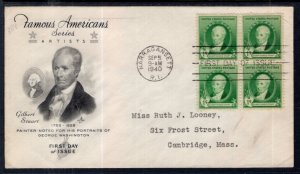 US 884 Gilbert Stuart Block of Four Artcraft Typed FDC