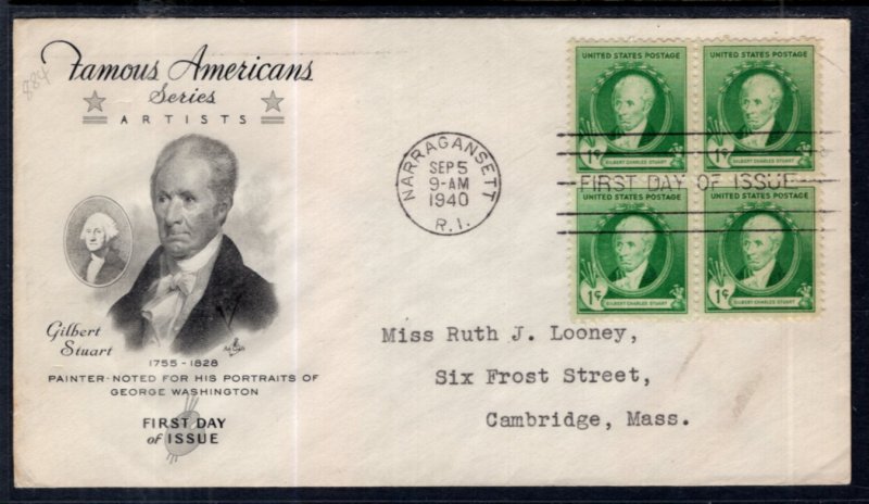 US 884 Gilbert Stuart Block of Four Artcraft Typed FDC