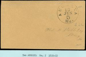 1800's Stampless Cover, JUN 18 AUGUSTA Me. 5 CDS, to PHIL M. STUBBS, Strong ME