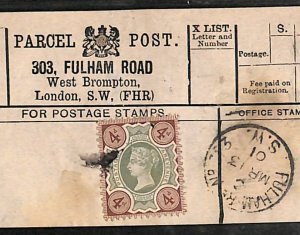 GB London PARCEL POST LABEL *303 FULHAM ROAD* 1901 CDS 4d Jubilee (Chelsea) QB36