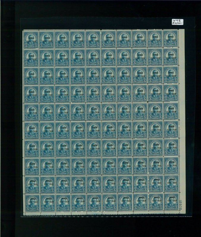 1928 US Postage Stamp #648 Mint Full Sheet Hawaii Overprint Plate No. 18908