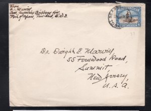 Tobago 1937 Scarborough to Summit, NJ cover franked 6c Lake Asphalt, Scott 39a