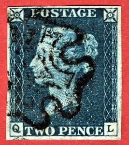 [sto352] 1840 Great Britain #2 Penny DEEP BRIGHT BLUE used letter QE Cat:$1,000