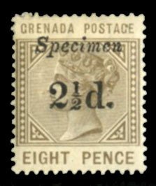 Grenada #38S (SG 47s) Cat£65, 1888 2 1/2p on 8p bister, overprinted Specimen...
