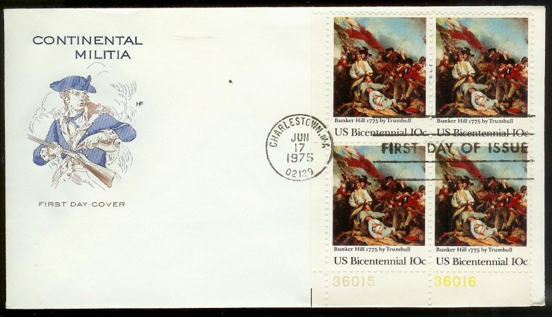 UNITED STATES FDC 10¢ Continental Militia Block of 4 1975 Farnam