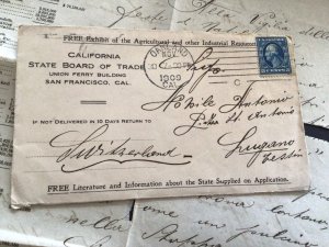 California State Board Trade 1909 to Switzerland letter stamps cover Ref 62239