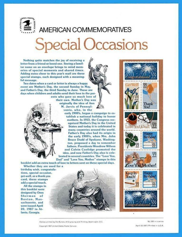 USPS COMMEMORATIVE PANEL #280 SPECIAL OCCASIONS #2274A