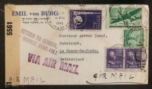 1943 New York USA Air Cover Censored to Switzerland Service Suspended Due To War