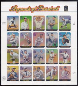 US #3408, 33c Baseball Sheet, VF mint never hinged, Fresh Sheets,  VF mint ne...