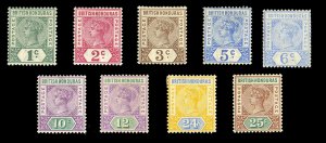 British Honduras #38-46 Cat$166.25, 1891-98 Victoria, 1c-25c, hinge remnants,...