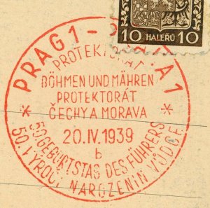 Occupied Czechoslovakia Hitlers 50 Years Birthday Special Postmark Germany WWII 