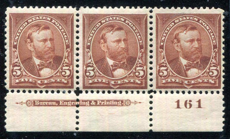 US STAMPS #270  5¢ MH PLATE IMPRINT STRIP OF 3 VF 1895 Grant