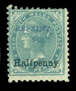 NEW SOUTH WALES 1891  Victoria 1/2p on 1p gray Scott # 92 unused REPRINT ovpt.