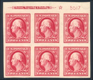 US 384 2c 1910 Washington single line watermark VF unused OG H plate block of 6