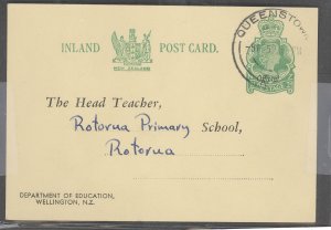 New Zealand  1959 QE II 2c Education P.C., no hyphen between Post Card, Queenstown