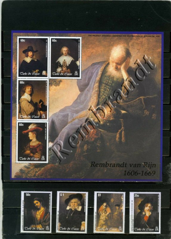 TURKS& CAICOS 2003 PAINTINGS BY REMBRANDT SET & SHEET OF 4 STAMPS MNH 