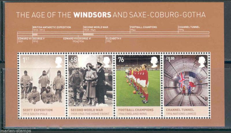 GREAT BRITAIN THE AGE OF THE WINDSORS SOUVENIR SHEET WITH FOUR STAMPS