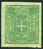 Essay Sparre - Cent. 15 Coat of arms of Savoy in green on yellowish paper