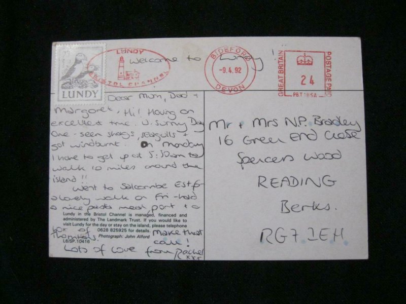 LUNDY STAMP USED ON 1992 POSTCARD
