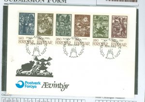 Faroe Islands 115-120 1984 fairy tales strip of 6 on an unaddressed cached first day cover.