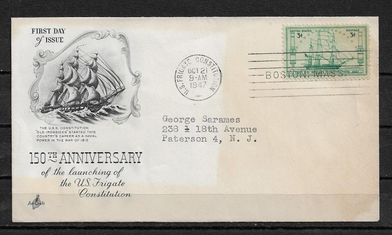 US 1947 Cachet FDC Ships,Sailing Ship Frigate Constitution,VF-XF !!! (PT-1)