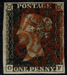 GB 1d black OF Plate 1b. Cancelled by bright red Maltese Cross.