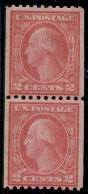 US #450, 2¢ carmine rose, type III, vertical pair, og, hinged, VF, Scott $30.00